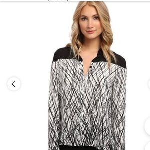 BCBGMAXAZRIA Black White Gray Katee Blouse Abstract Print XXS